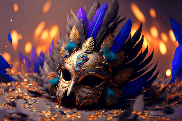 carnival mask golden details blue feathers and confetti