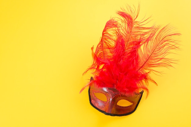 Carnival mask with feather on table