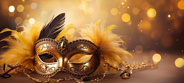 carnival mask with feathers on golden bokeh background