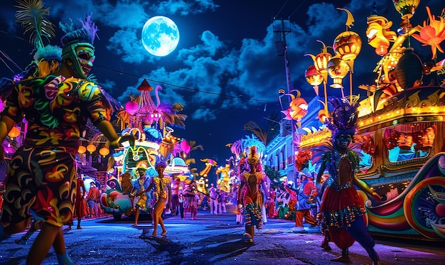 a carnival parade with a full moon in the background