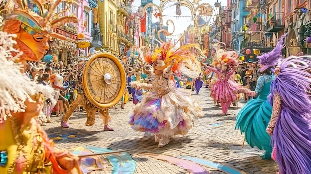 a carnival parade with a large wheel on the ground