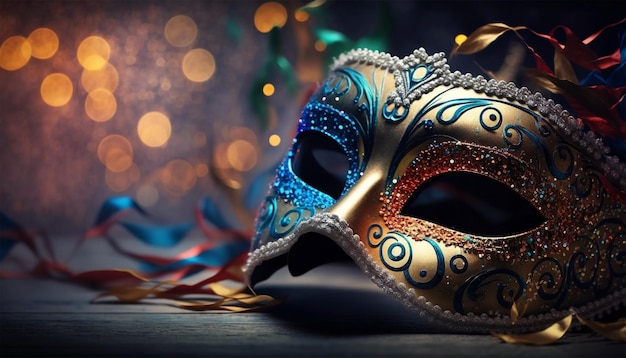 Carnival party. Venetian mask on dark bokeh background. Festival decoration.