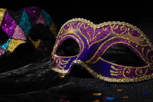 Carnival Party Venetian Masquerade masks on black background