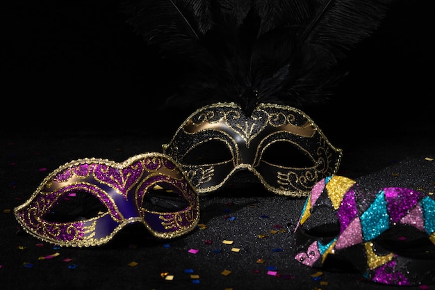 Carnival Party Venetian Masquerade masks on black background