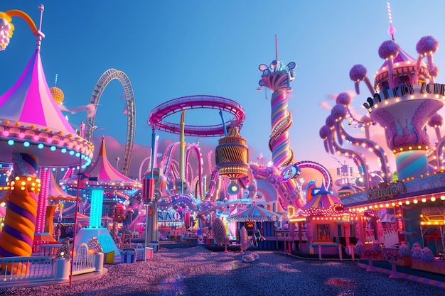 a carnival ride with a blue sky and a large carousel with the word disney on it