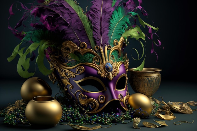 Carnival still life with mask and beads Mardi gras background