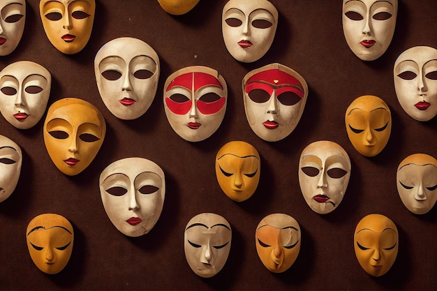 Carnival or theatrical masks with different emotions masks expressing happiness joy sadness sadness