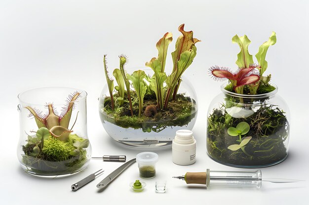 Carnivorous Plants in Glass Terrariums with Tools for Plant Care