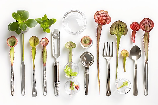 Carnivorous Plants and Silverware on White Background