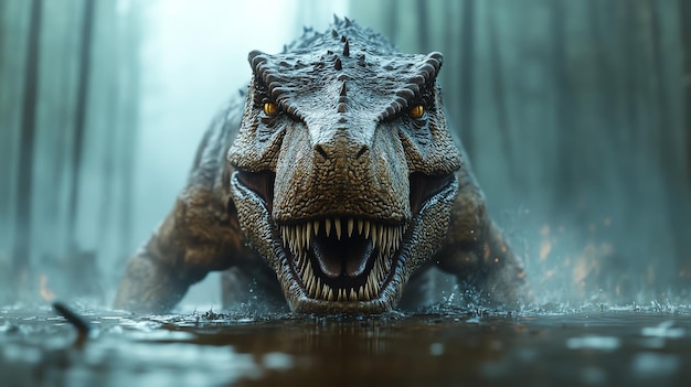 Carnotaurus charging through a dense foggy swamp CGI dinosaurs intense primal battle