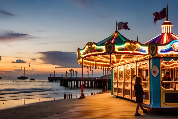 A carousel on the beach at sunset with a girl pulling a cart.