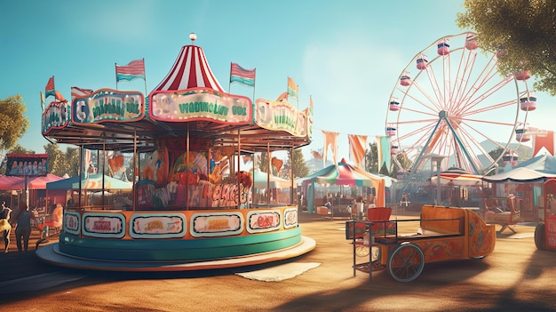 A carousel in a carnival with a ferris wheel in the background.