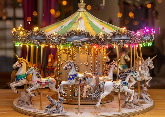 a carousel with a carousel horse and a carousel with lights on it