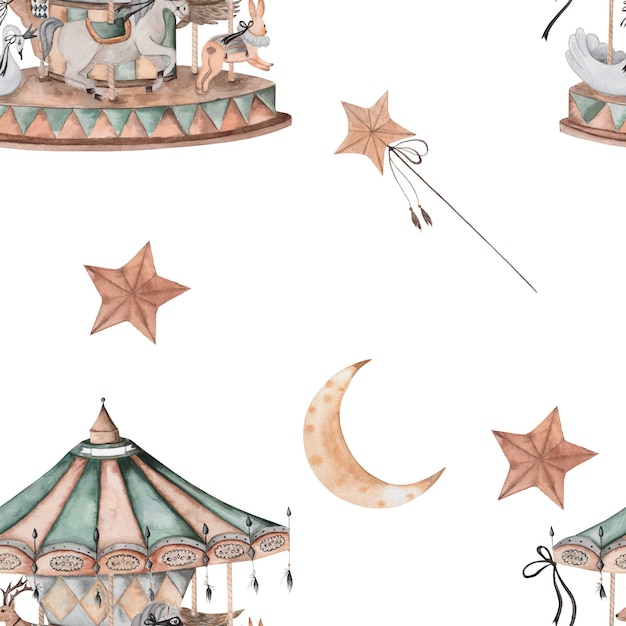 A carousel with a carousel and a moon and stars on it