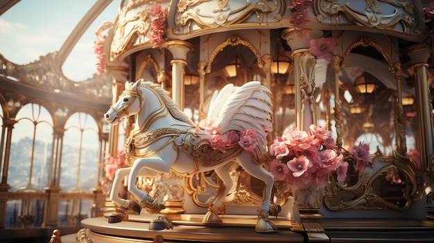 carousel with mythical creatures like griffins and mermaids instead of horses