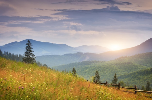 Carpathian mountain range at early morning sunrise