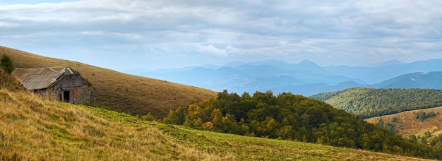 Carpathian Mountains (Ukraine) autumn landscape with shed