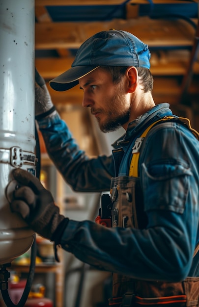 Carpenter in blue cap and overalls leveling a wall next to a white water tank