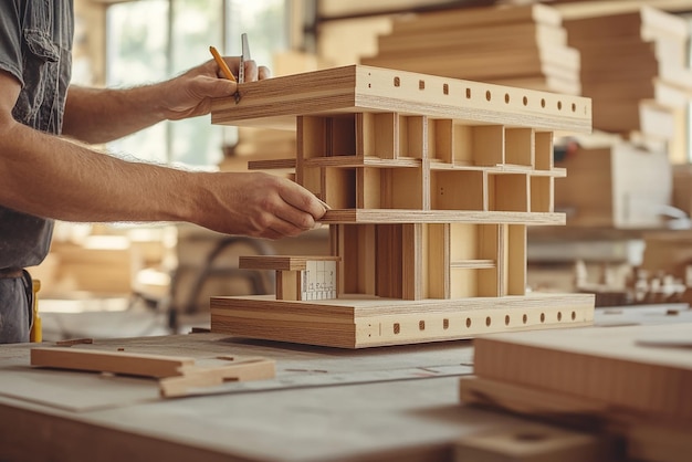 Photo carpenter building a custom wooden bookshelf from scratch