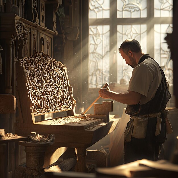 Photo carpenter crafting a detailed wooden chair with precision