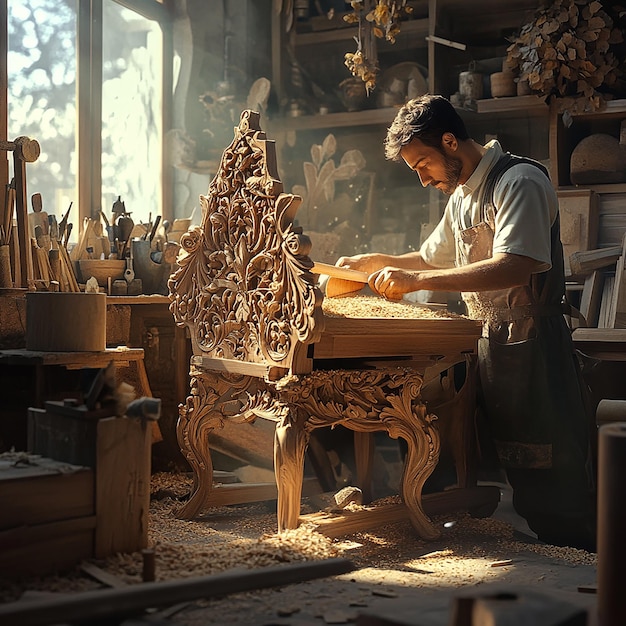 Carpenter Crafting a Detailed Wooden Chair with Precision