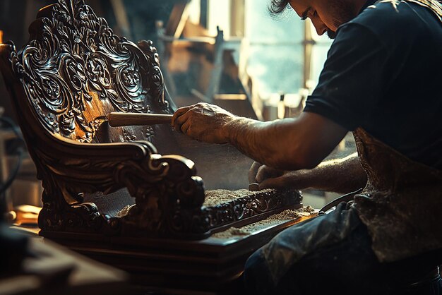 Photo carpenter crafting a detailed wooden chair with precision