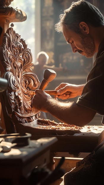 Photo carpenter crafting a detailed wooden chair with precision