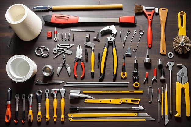 Carpenter Different tools on a wooden background