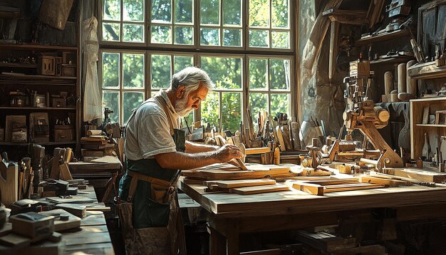 Photo carpenter focused on craftsmanship in rustic workshop