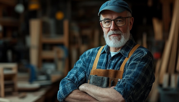 Photo carpenter focused on craftsmanship in rustic workshop