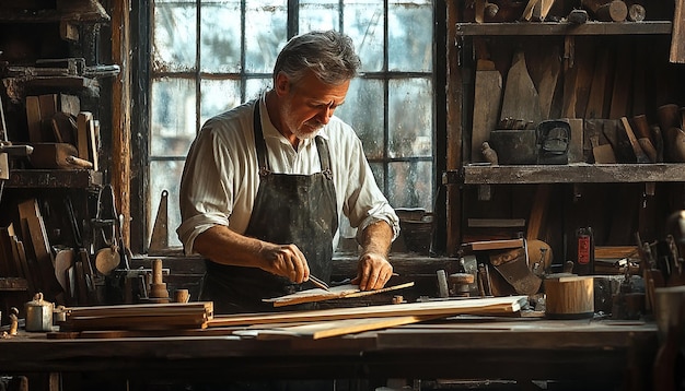 Photo carpenter focused on craftsmanship in rustic workshop