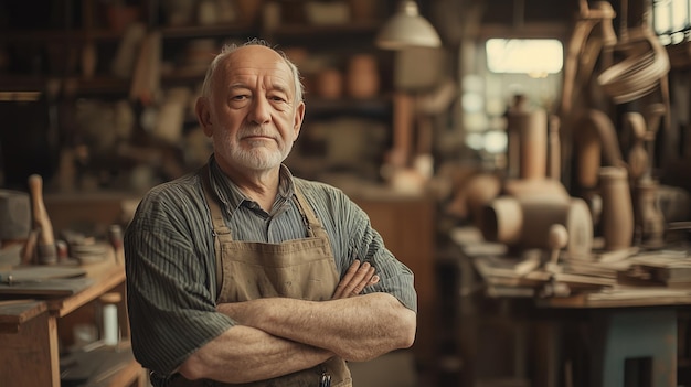 carpenter in his workshop elderly man portrait Generative AI