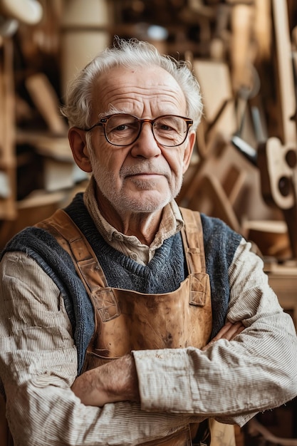 Photo carpenter in his workshop elderly man portrait generative ai