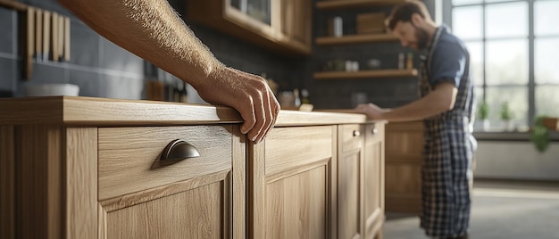 Photo carpenter installing beautifully designed wooden furniture