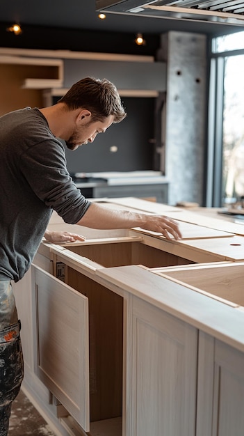 Photo carpenter installing beautifully designed wooden furniture