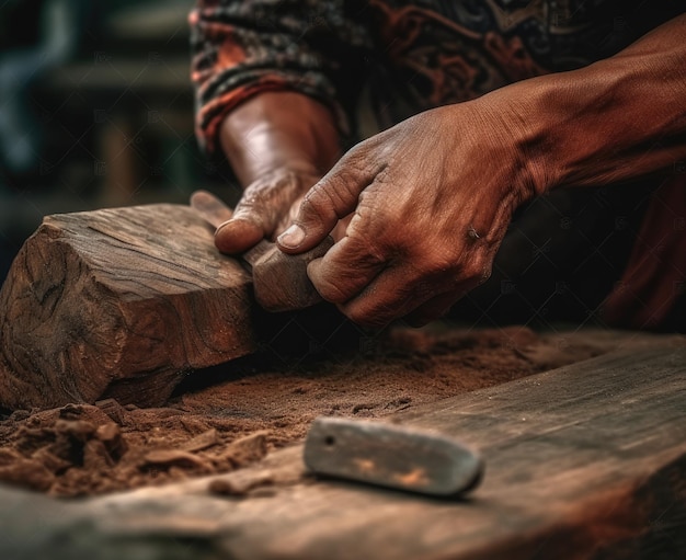 The carpenter is repairing the house He makes nails using a hammer