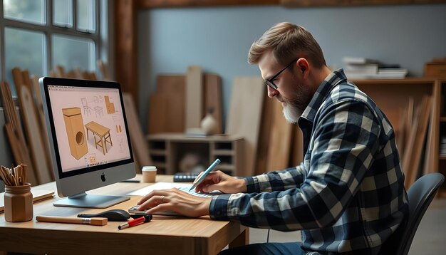 Photo carpenter man using modern technology computer laptop software aided sketch design new wooden furnit