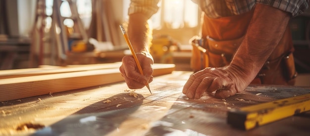 Carpenter Marking Wood with a Pencil