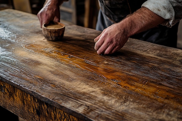 Photo carpenter restoring old antique wooden table