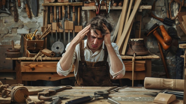 Carpenter with Headache in Workshop