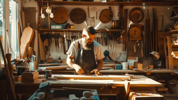 Photo carpenter at work in his studio he is wearing an apron and using a chisel to carve a piece of wood the studio is full of tools and sawdust