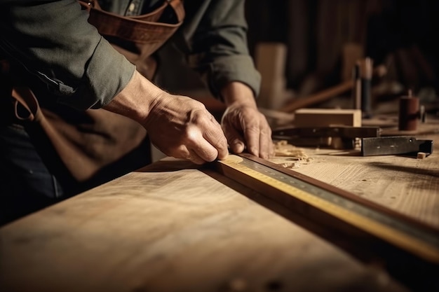 Carpenter works with wooden planks