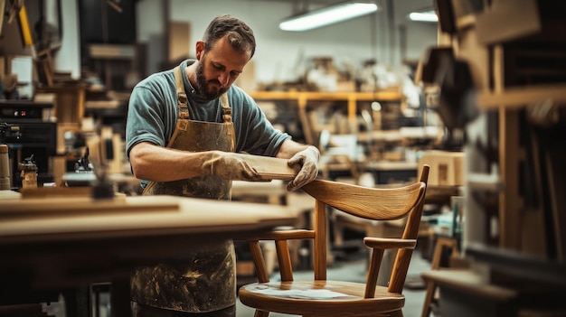 Photo a carpenter works on a wooden chair in a workshop