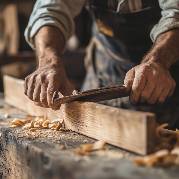 Photo a carpenter39s hands carefully smoothing a piece of wood with a hand plane sawdust on the workbench