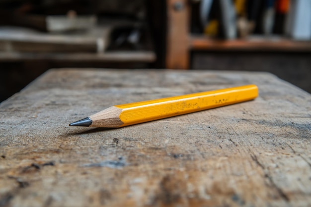 Photo a carpenters pencil rests on a rustic workbench