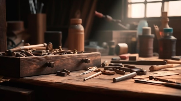 Carpentry background carpenter works tools over a wooden table Generative AI