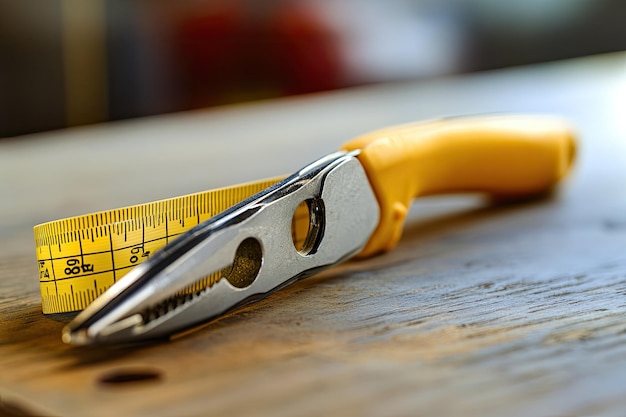 Photo carpentry concept with pliers and tape measure