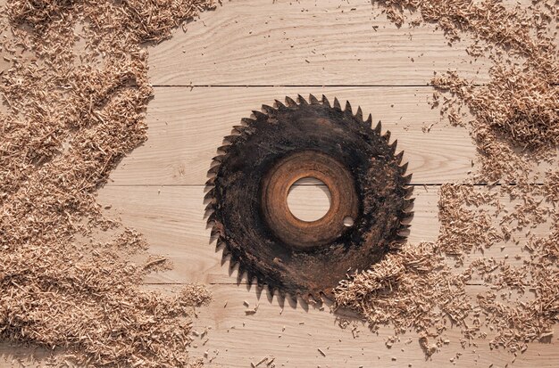 Carpentry tools in wood shavings on a wooden background from oak planks with expressive texture and natural pattern