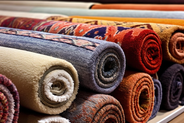 Carpet store with assorted rolled rugs