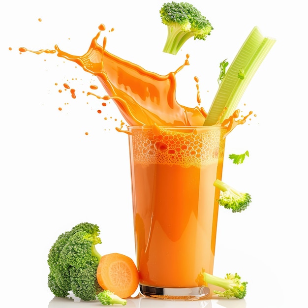 carrot broccoli celery vegetable juice splash is pouring from above into a glass